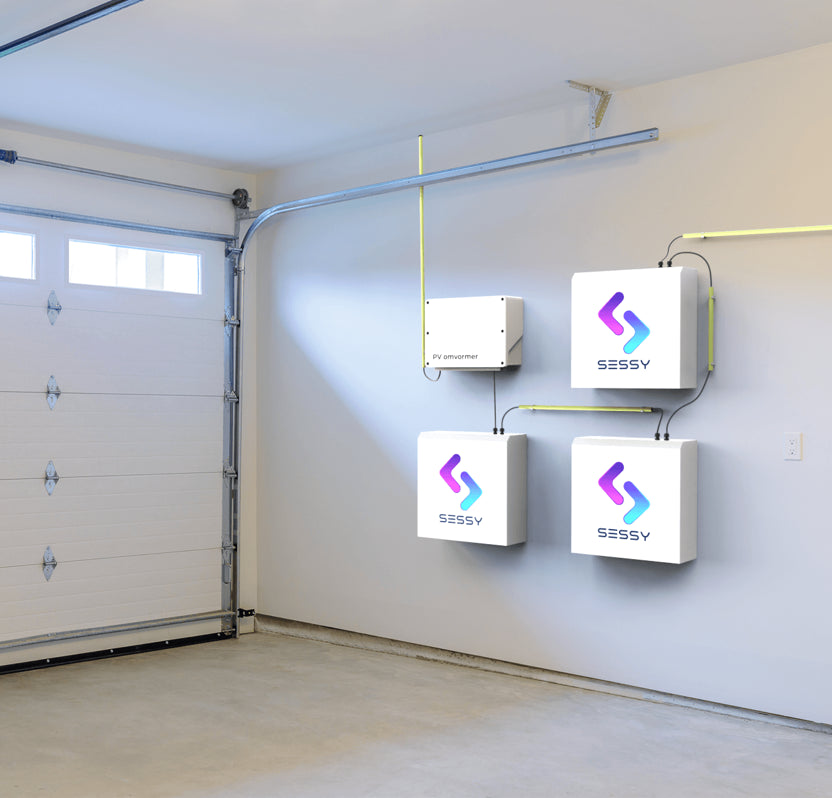 Sessy Thuisbatterijen in Garage - Meerdere units geïnstalleerd in een nette garageopstelling, ideaal voor energieonafhankelijkheid.