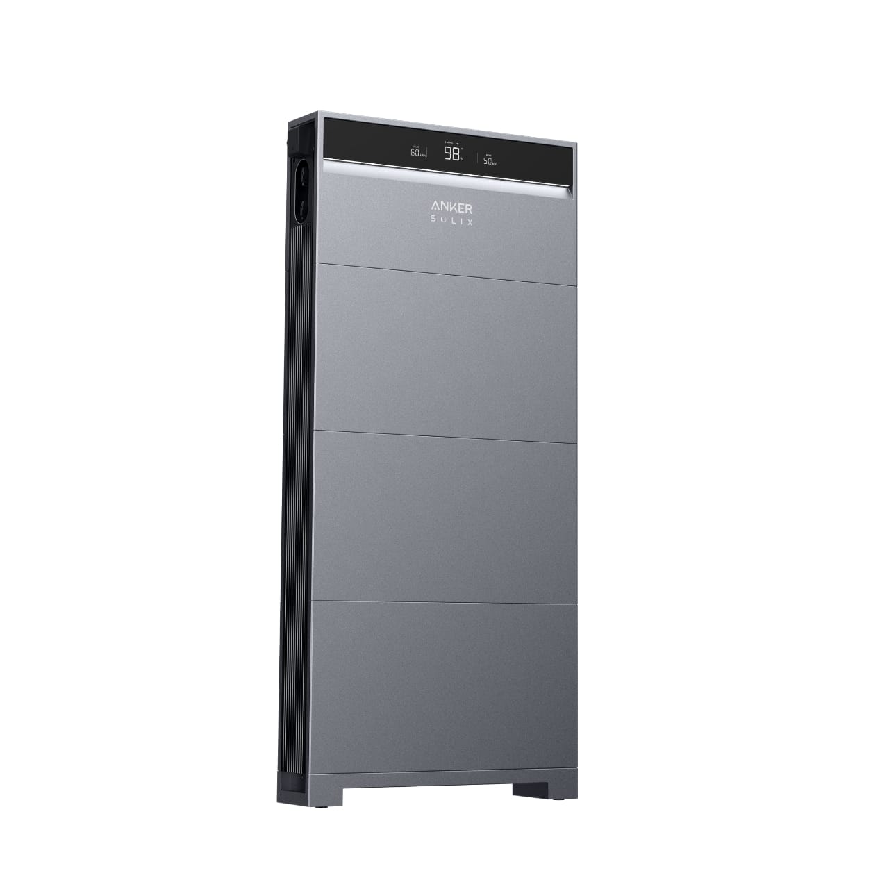 Schuin zijaanzicht van de Anker SOLIX thuisbatterij met modern ontwerp en compact formaat voor efficiënte en veilige energieopslag.