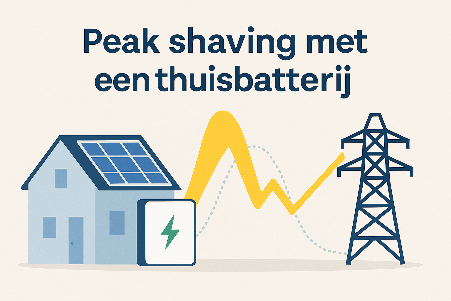 Visualisatie van peak shaving met verbinding tussen huis en energienet en thuisbatterij