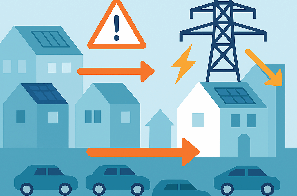 Afbeelding die laat zien hoe het stroomnet overbelast raakt, vergelijkbaar met een file. Ideaal ter illustratie van netcongestie bij thuisbatterijen.