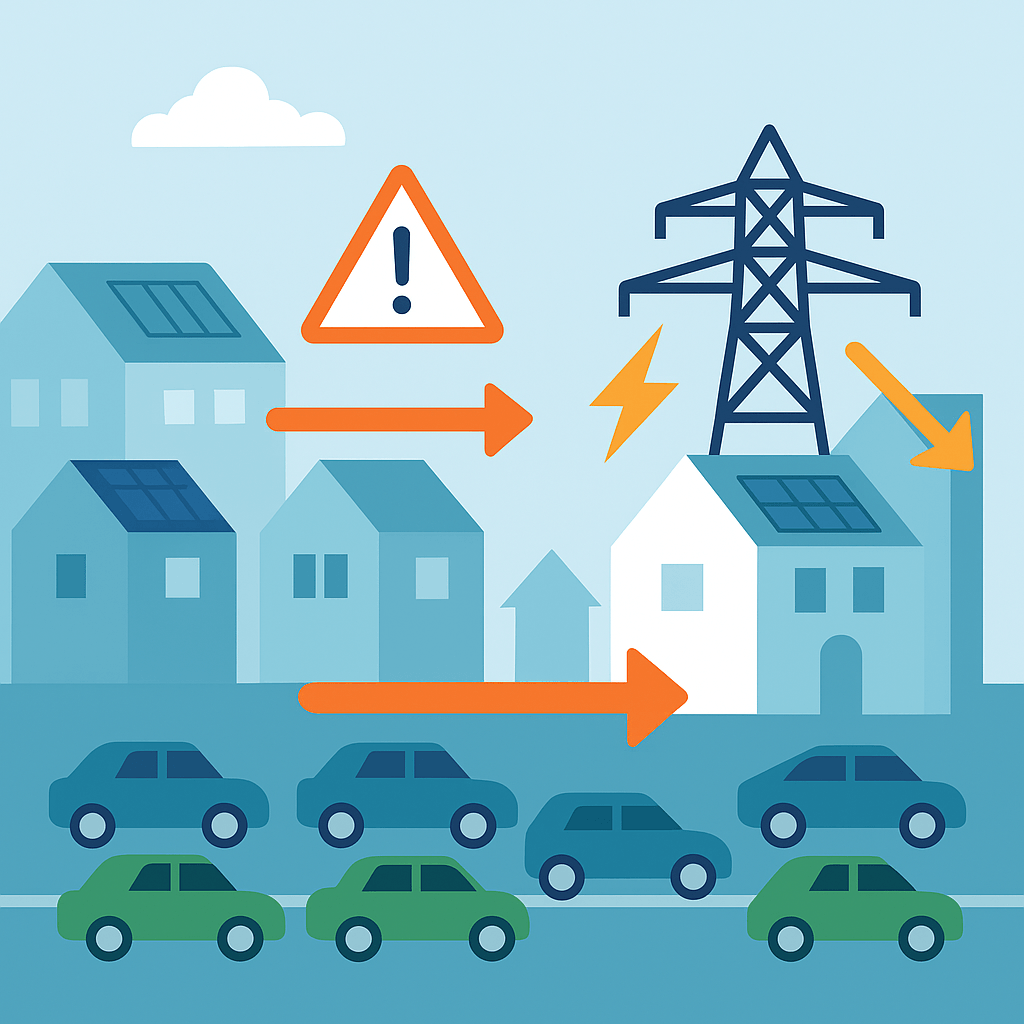 Afbeelding die laat zien hoe het stroomnet overbelast raakt, vergelijkbaar met een file. Ideaal ter illustratie van netcongestie bij thuisbatterijen.