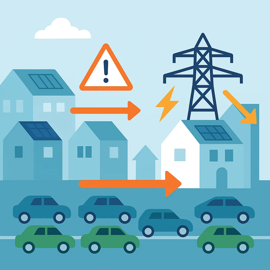 Afbeelding die laat zien hoe het stroomnet overbelast raakt, vergelijkbaar met een file. Ideaal ter illustratie van netcongestie bij thuisbatterijen.