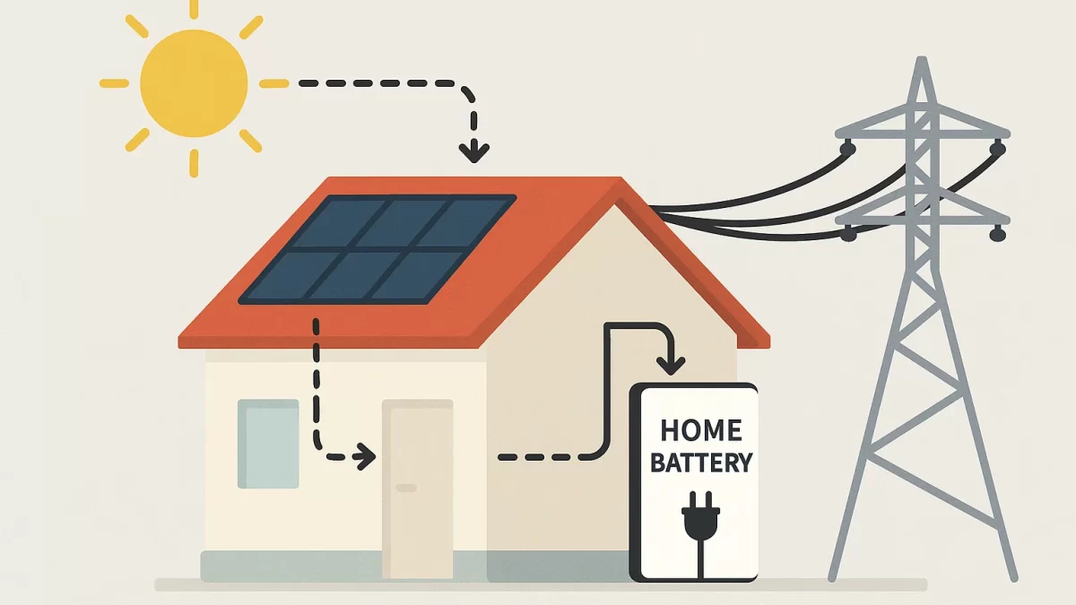 Illustratie van een huis met zonnepanelen, thuisbatterij en elektriciteitsnet. De zon levert energie aan de zonnepanelen op het dak, de thuisbatterij slaat de overtollige stroom op, en het huis is verbonden met het elektriciteitsnet.