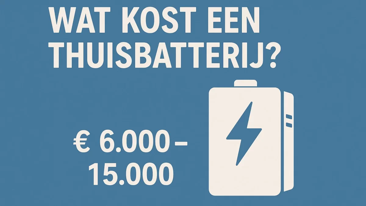 Afbeelding met de tekst “Wat kost een thuisbatterij? € 6.000 – 15.000” en een batterij-icoon, ter illustratie van de gemiddelde kosten van een thuisbatterij.