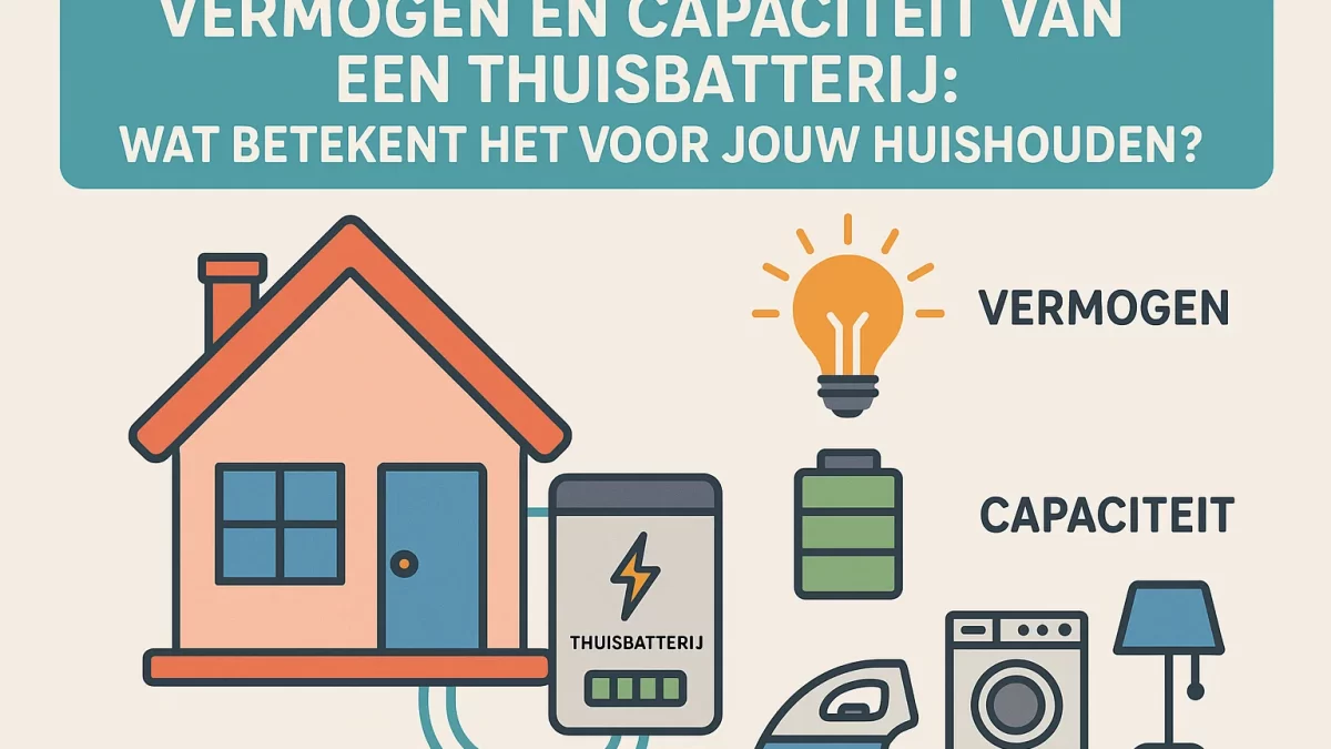 Infografische illustratie van een huis met thuisbatterij, lamp (vermogen) en huishoudelijke apparaten (capaciteit) die het verschil tussen vermogen en capaciteit van een thuisbatterij visueel uitlegt.