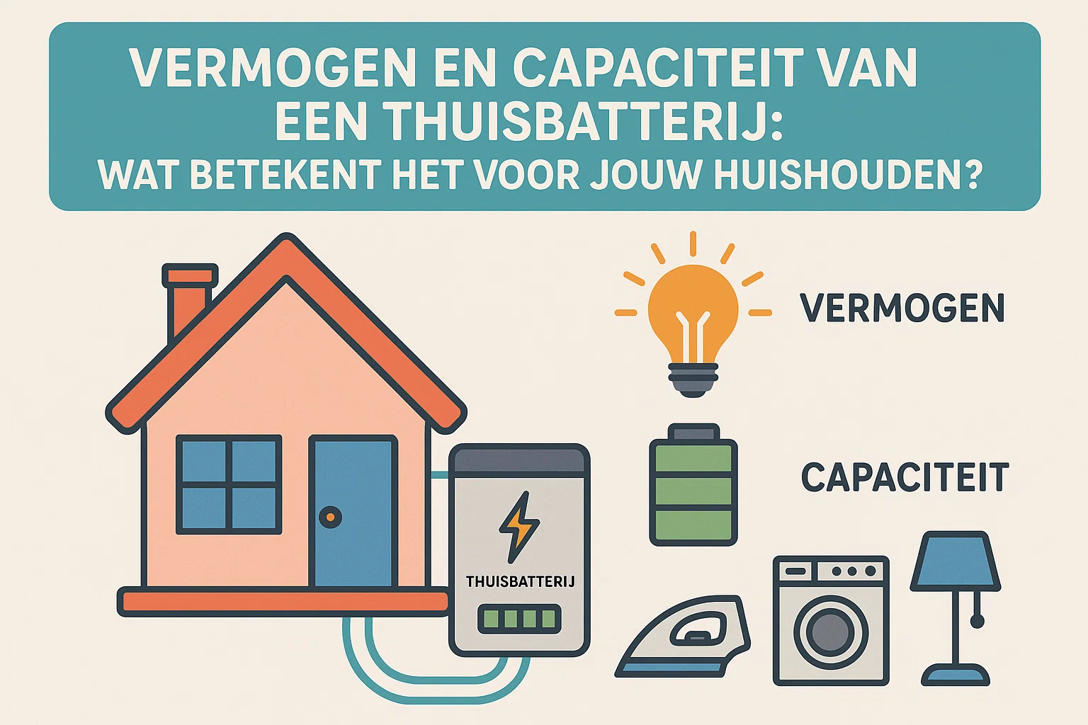 Infografische illustratie van een huis met thuisbatterij, lamp (vermogen) en huishoudelijke apparaten (capaciteit) die het verschil tussen vermogen en capaciteit van een thuisbatterij visueel uitlegt.