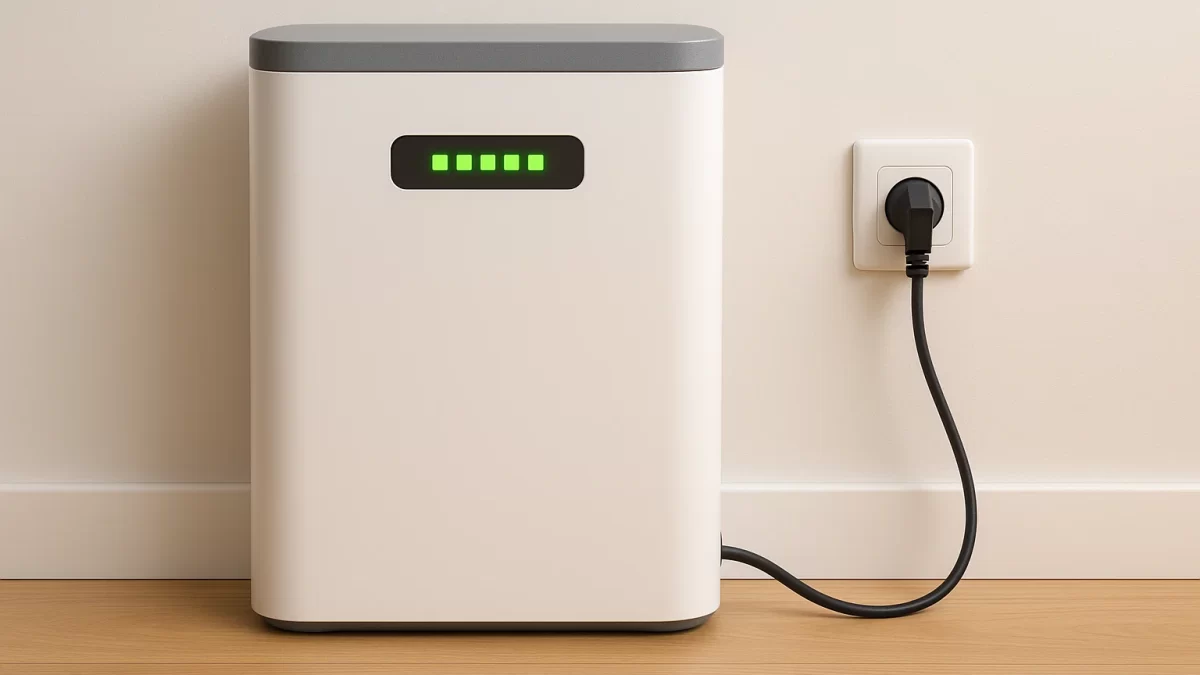 Foto van een compacte thuisbatterij met stekker, aangesloten op een stopcontact in huis. Ideale illustratie voor plug-and-play energieopslag.
