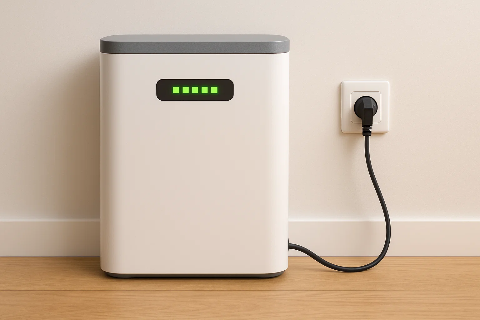 Foto van een compacte thuisbatterij met stekker, aangesloten op een stopcontact in huis. Ideale illustratie voor plug-and-play energieopslag.