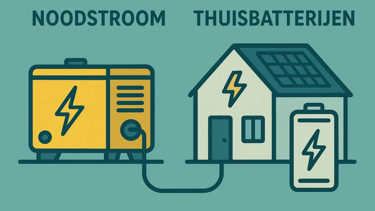 Illustratie van een noodstroomgenerator en een huis met zonnepanelen en thuisbatterij, die het verschil tussen klassieke noodstroom en moderne energieopslag toont.