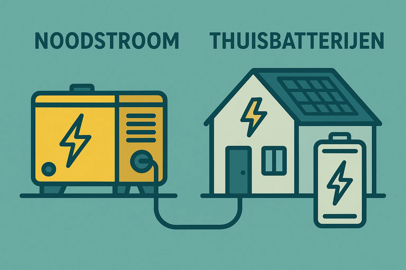 Illustratie van een noodstroomgenerator en een huis met zonnepanelen en thuisbatterij, die het verschil tussen klassieke noodstroom en moderne energieopslag toont.