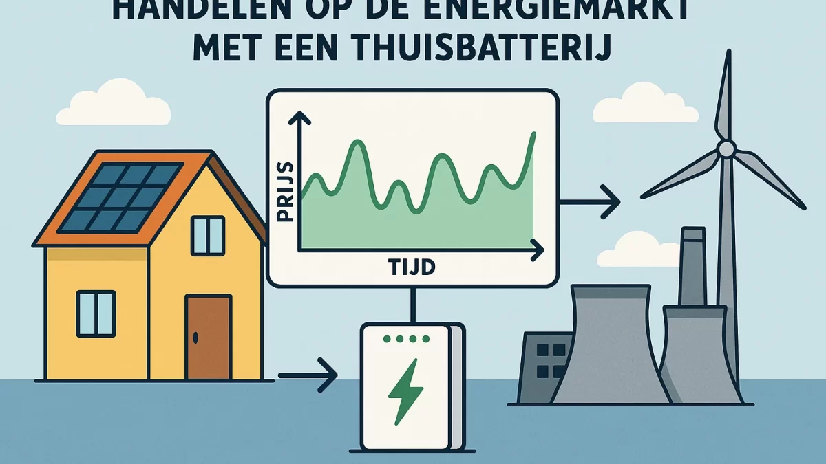 “Infographic over het slim inzetten van een thuisbatterij voor energieopslag en handel op de energiemarkt, met huis, grid en windmolen.”