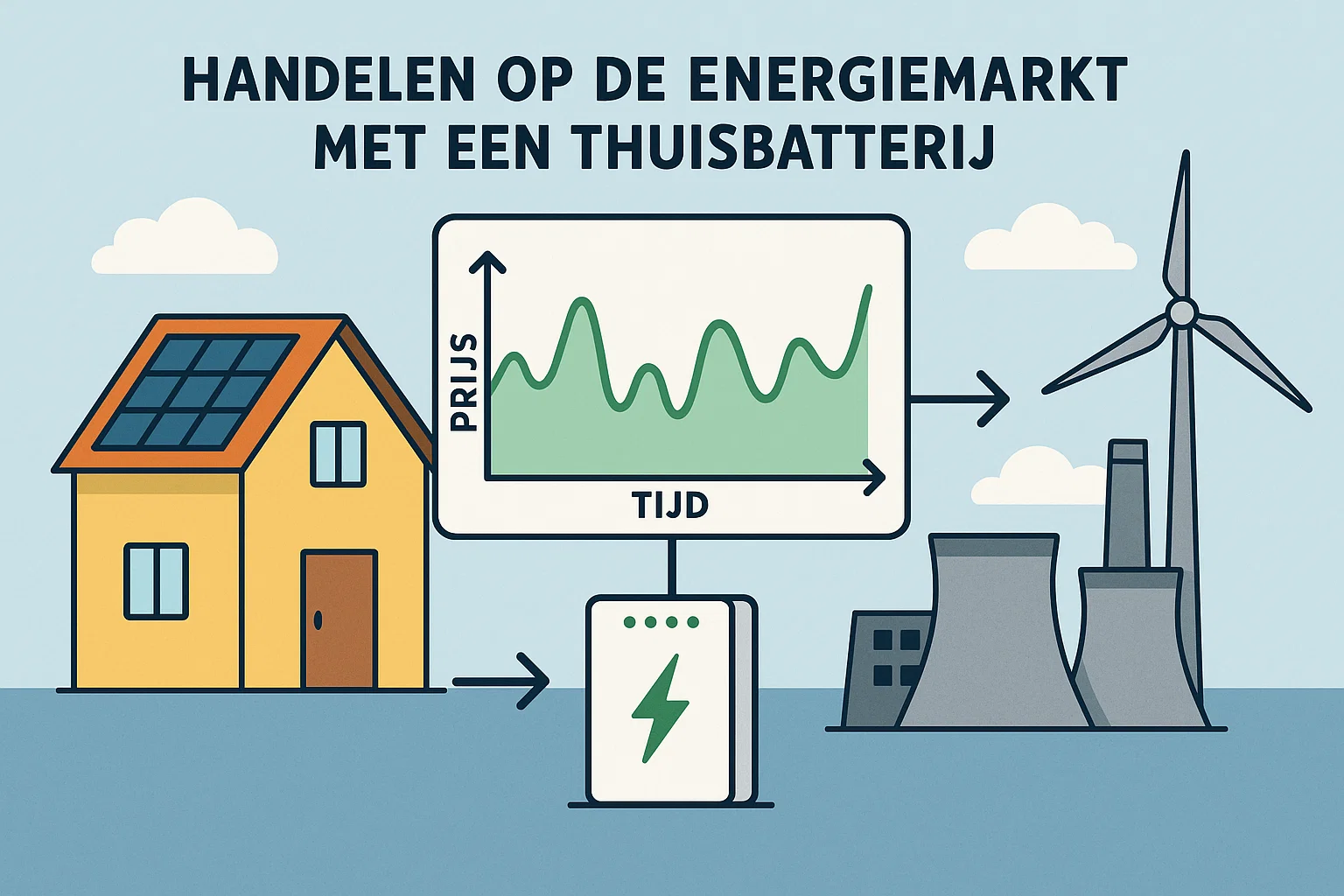 “Infographic over het slim inzetten van een thuisbatterij voor energieopslag en handel op de energiemarkt, met huis, grid en windmolen.”