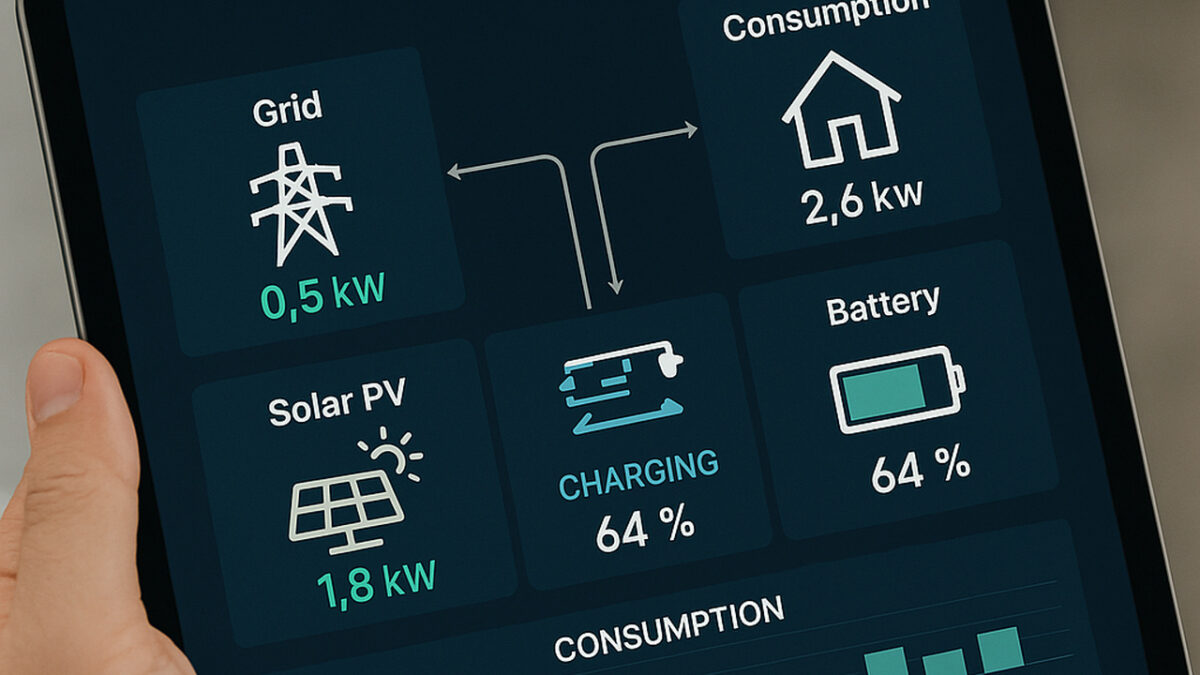 Overzichtelijk EMS voor thuisbatterij: monitoring van verbruik, opwek en batterij-SOC 64% met grafiek van dagelijkse consumptie.
